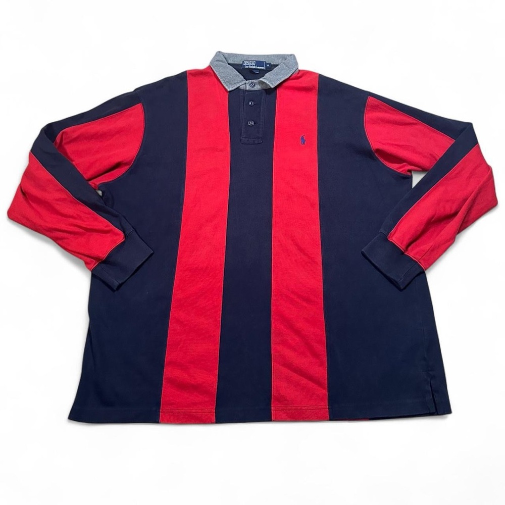 Polo Ralph Lauren Vintage Men’s Blue Red Vertical Striped Rugby Shirt Size XL